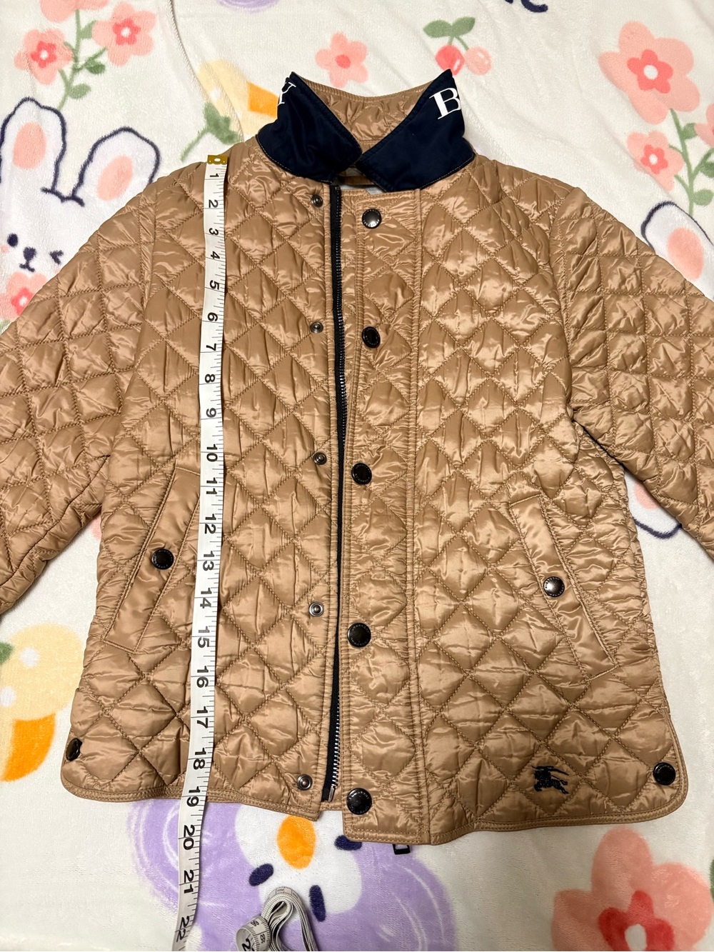 Burberry Tan Quilted Kids' Puffer Jacket with Navy Collar